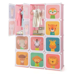 12 Cube Portable Kids Wardrobe with Hanging Section-Pink