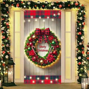 1pc, Festive Christmas Wreath Door Decor, 35.4x70.9 Inches, Polyester, Modern Style, Battery-Free, No Electricity Needed, for Home, Garden, Party, Holiday Outdoor Decoration