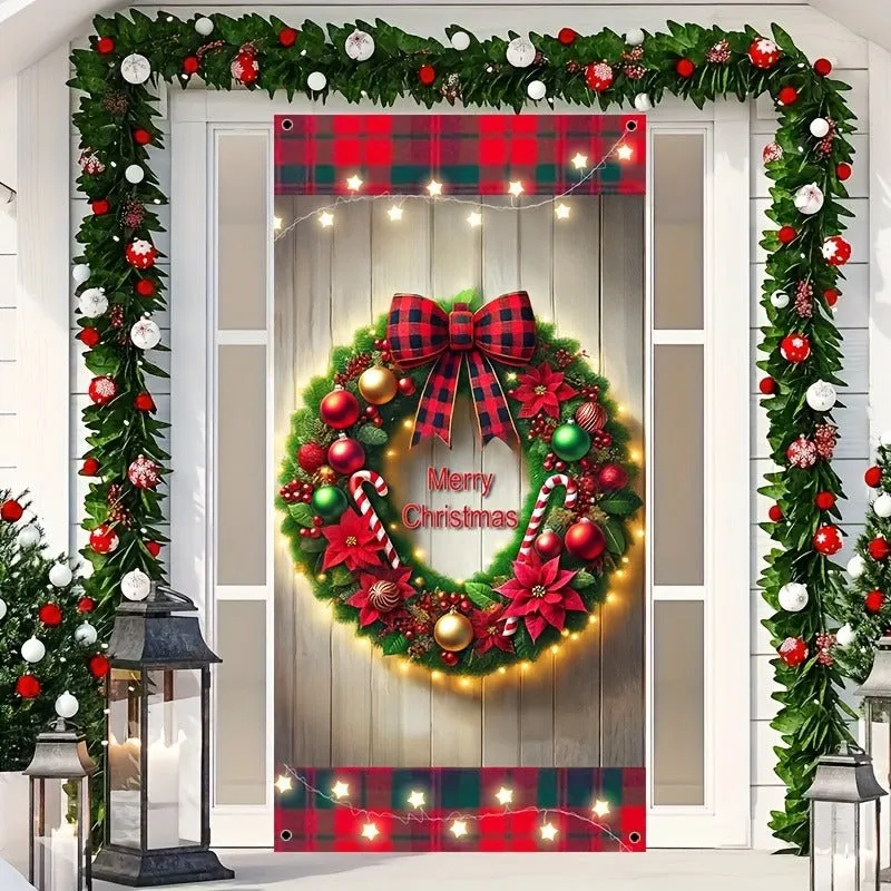 1pc, Festive Christmas Wreath Door Decor, 35.4x70.9 Inches, Polyester, Modern Style, Battery-Free, No Electricity Needed, for Home, Garden, Party, Holiday Outdoor Decoration