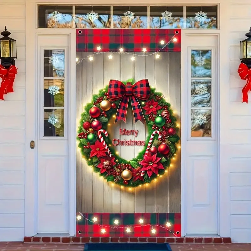 1pc, Festive Christmas Wreath Door Decor, 35.4x70.9 Inches, Polyester, Modern Style, Battery-Free, No Electricity Needed, for Home, Garden, Party, Holiday Outdoor Decoration