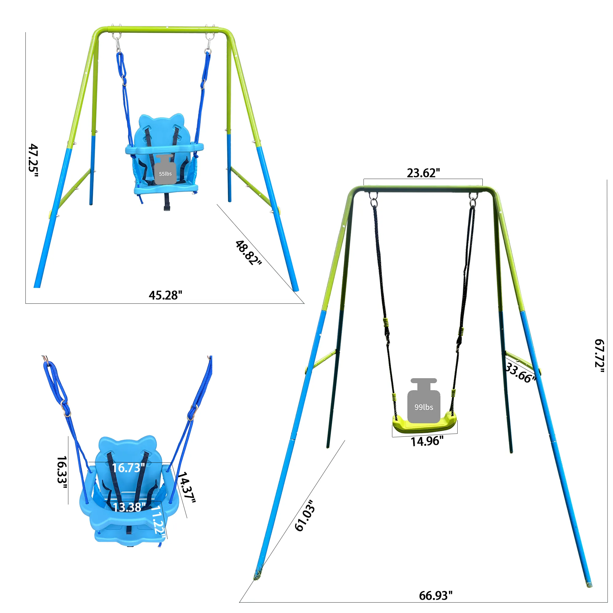 2-in-1 Baby Swing Set - Green & Blue | Safe, Durable, 110lbs Capacity | Ideal for Outdoor Playgrounds | Ages 3 