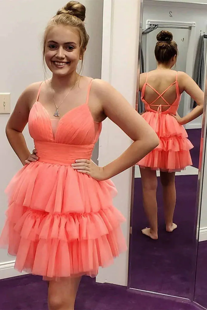 A Line Layered Coral Spaghetti Straps V Neck Tulle Short Prom Dress, Homecoming Dress UQH0099