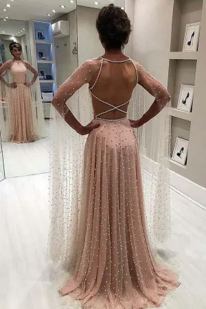 A-line  Long Sleeves Sweep Train Criss Cross Back Pink Prom Evening Dress  PG998