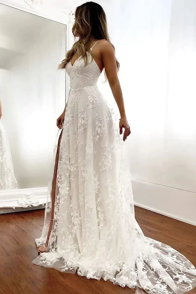 A Line Spaghetti Straps Lace Appliques V Neck Wedding Dresses With High Slit UQW0081