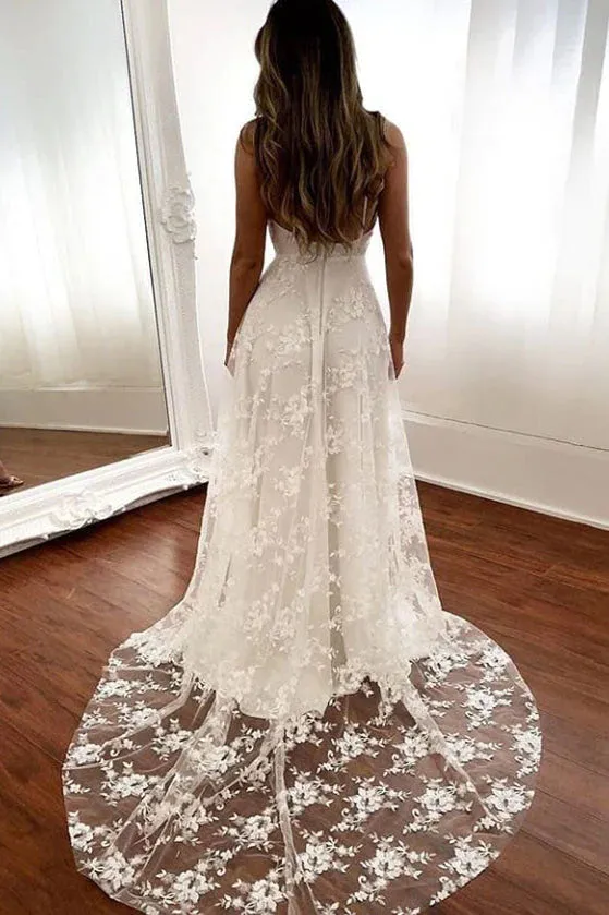 A Line Spaghetti Straps Lace Appliques V Neck Wedding Dresses With High Slit UQW0081