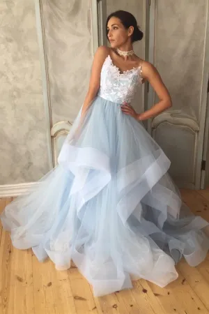 A Line V Neck Blue Long Prom Dresses with Lace Appliques, Formal Dresses UQP0158