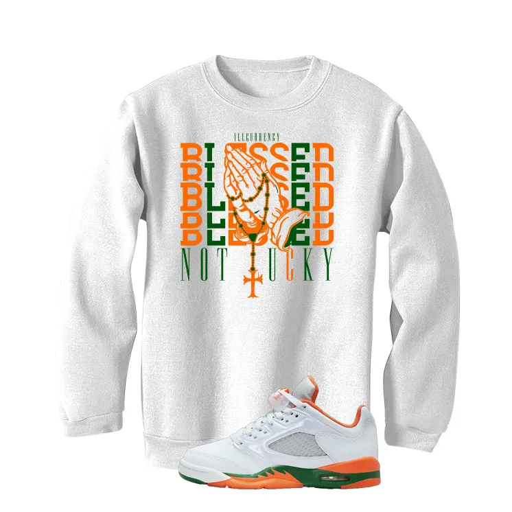 Air Jordan 5 GS Miami Hurricanes White T-Shirt (Blessed not lucky)| illcurrency