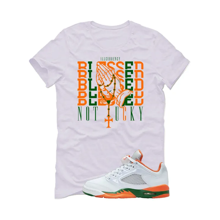 Air Jordan 5 GS Miami Hurricanes White T-Shirt (Blessed not lucky)| illcurrency