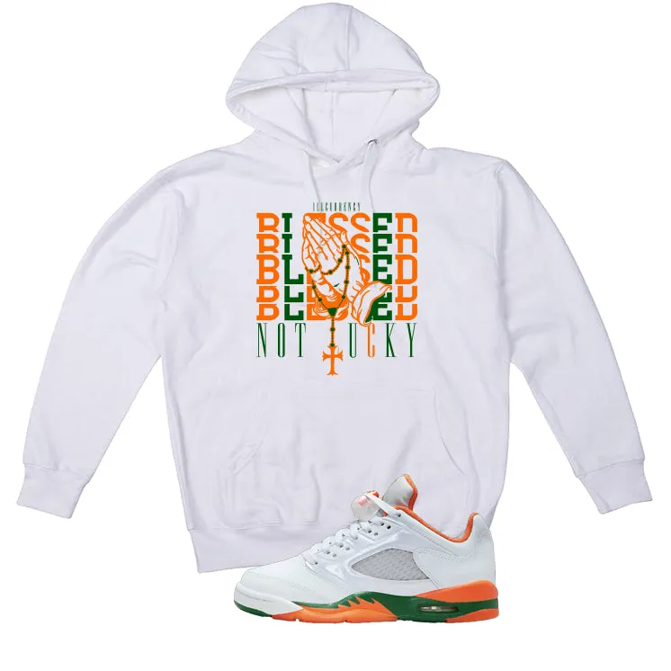 Air Jordan 5 GS Miami Hurricanes White T-Shirt (Blessed not lucky)| illcurrency