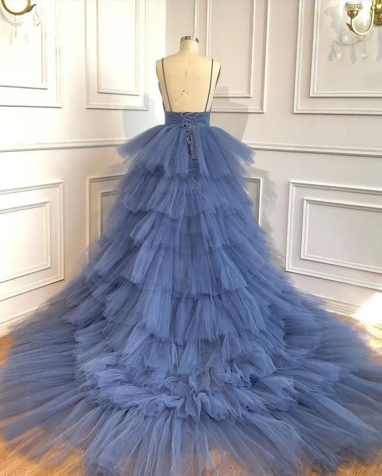 Blue V Neck Tiered Sleeveless Tulle Prom Dress, Gorgeous Long Party Dress UQP0126