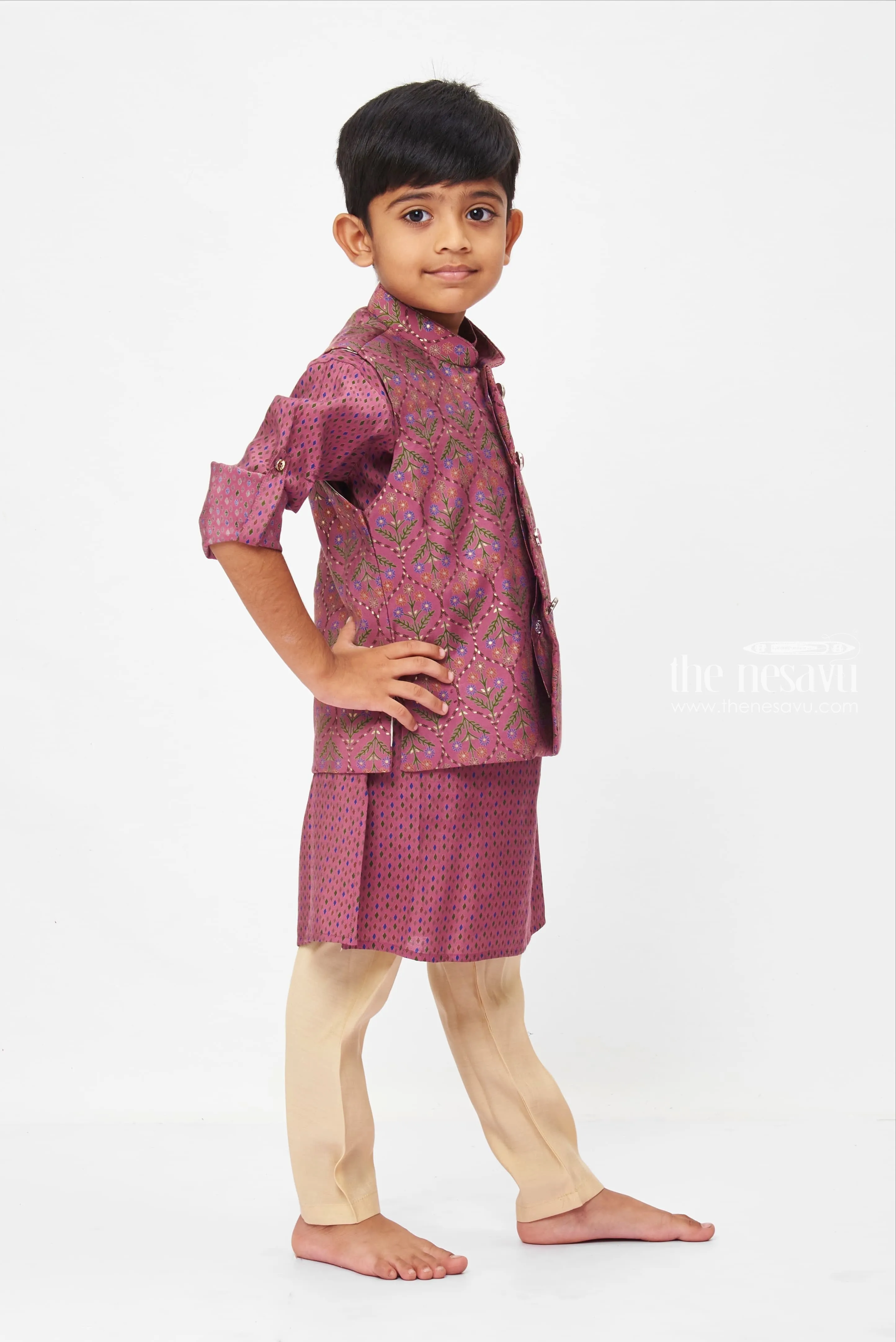 Boys Regal Purple Kurtha with Botanical Printed and Patterned Jacket