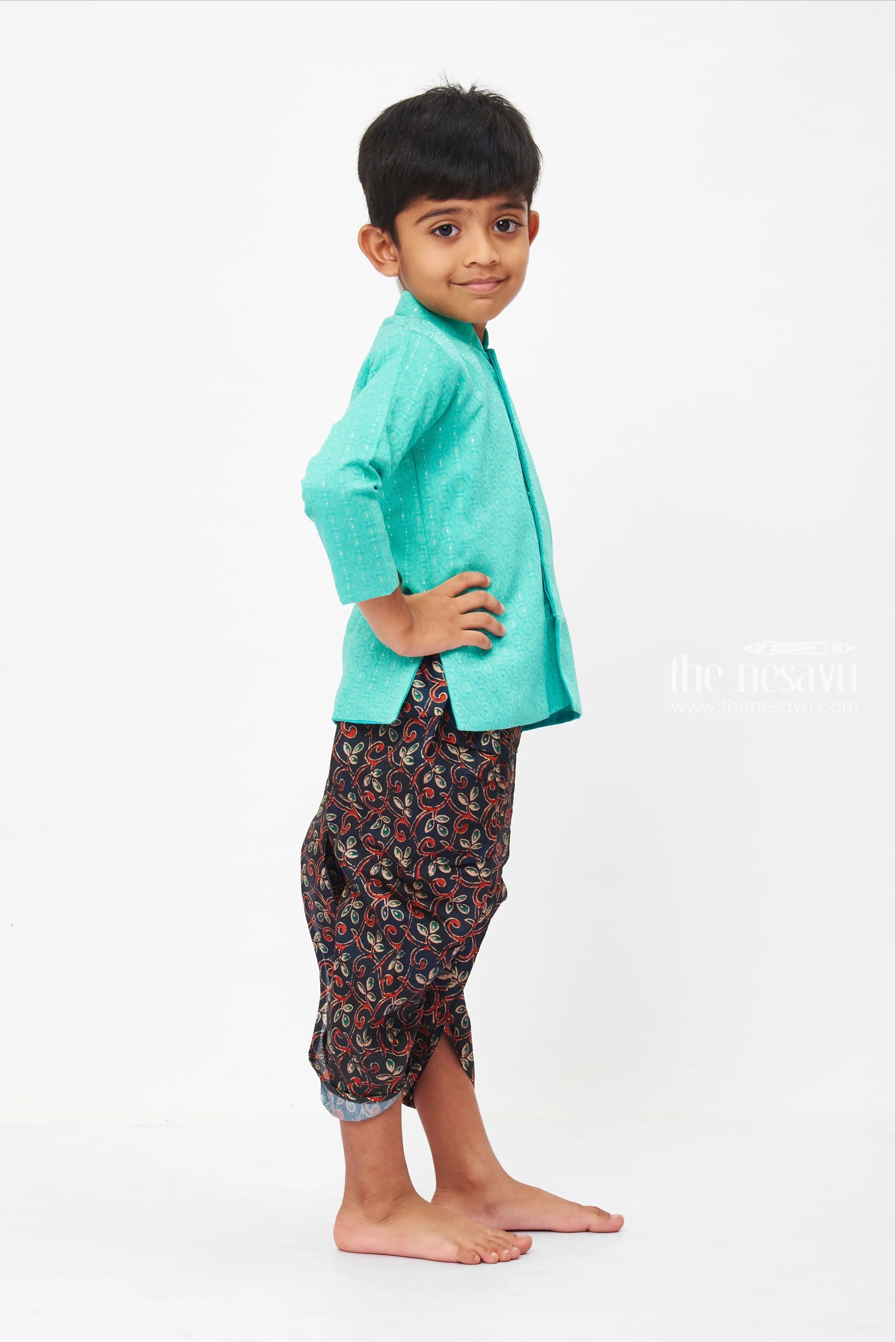 Boys Sea Green Kurta with Patterned Dhoti Set - Elegant Traditional Indian Wear for Kids