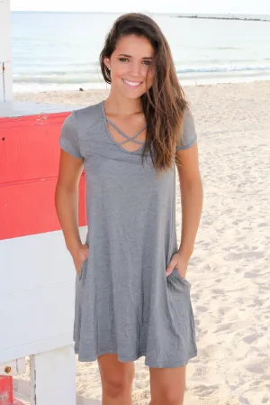 Charcoal Short Sleeve Criss Cross Short Dress