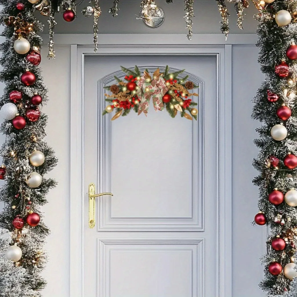 Christmas Wreath with Lights, Operated Xmas Garland with Decorations, Wreath for Front Door Porch Wall Window Fireplace Outdoor Home Holiday Accent