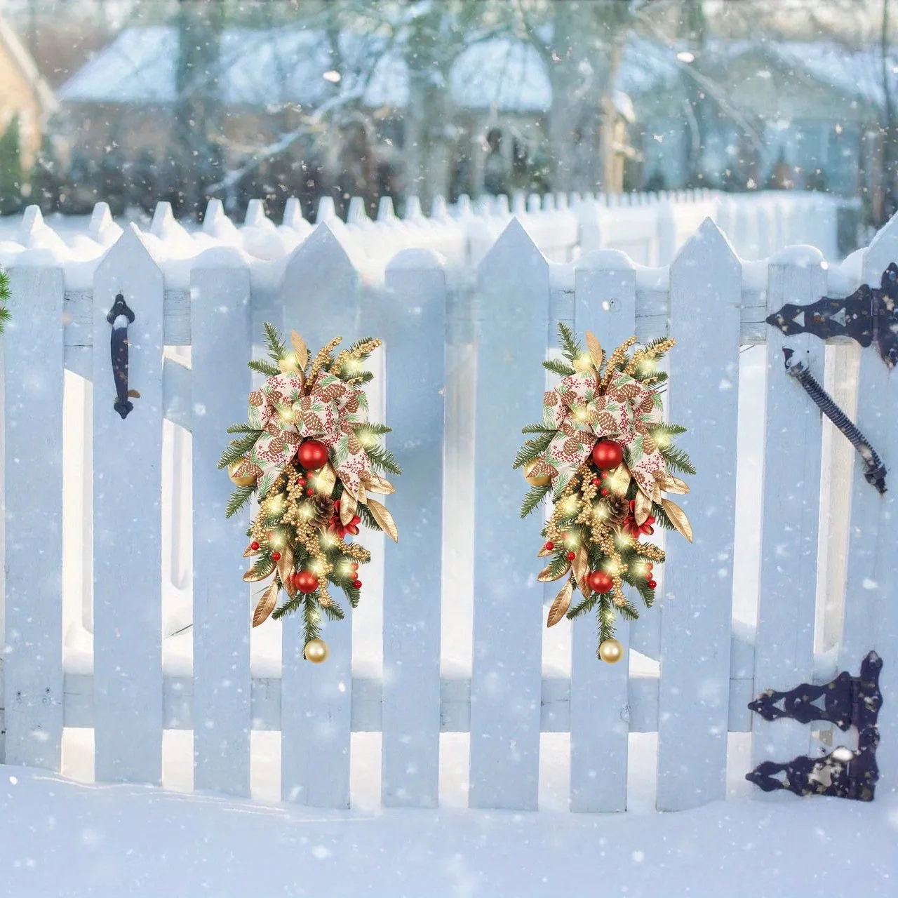 Christmas Wreath with Lights, Operated Xmas Garland with Decorations, Wreath for Front Door Porch Wall Window Fireplace Outdoor Home Holiday Accent