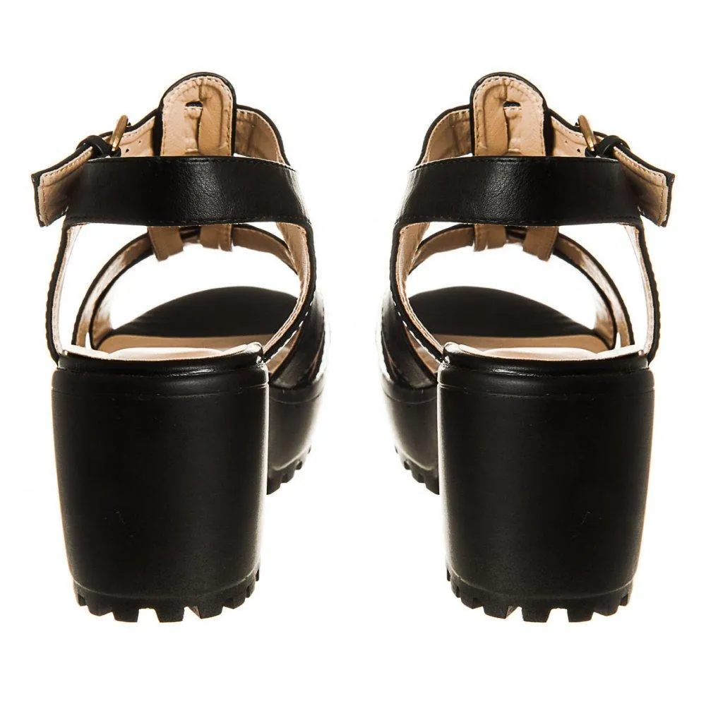 Chunky Ankle Strap Platform Cleated Sole T-Bar Sandal