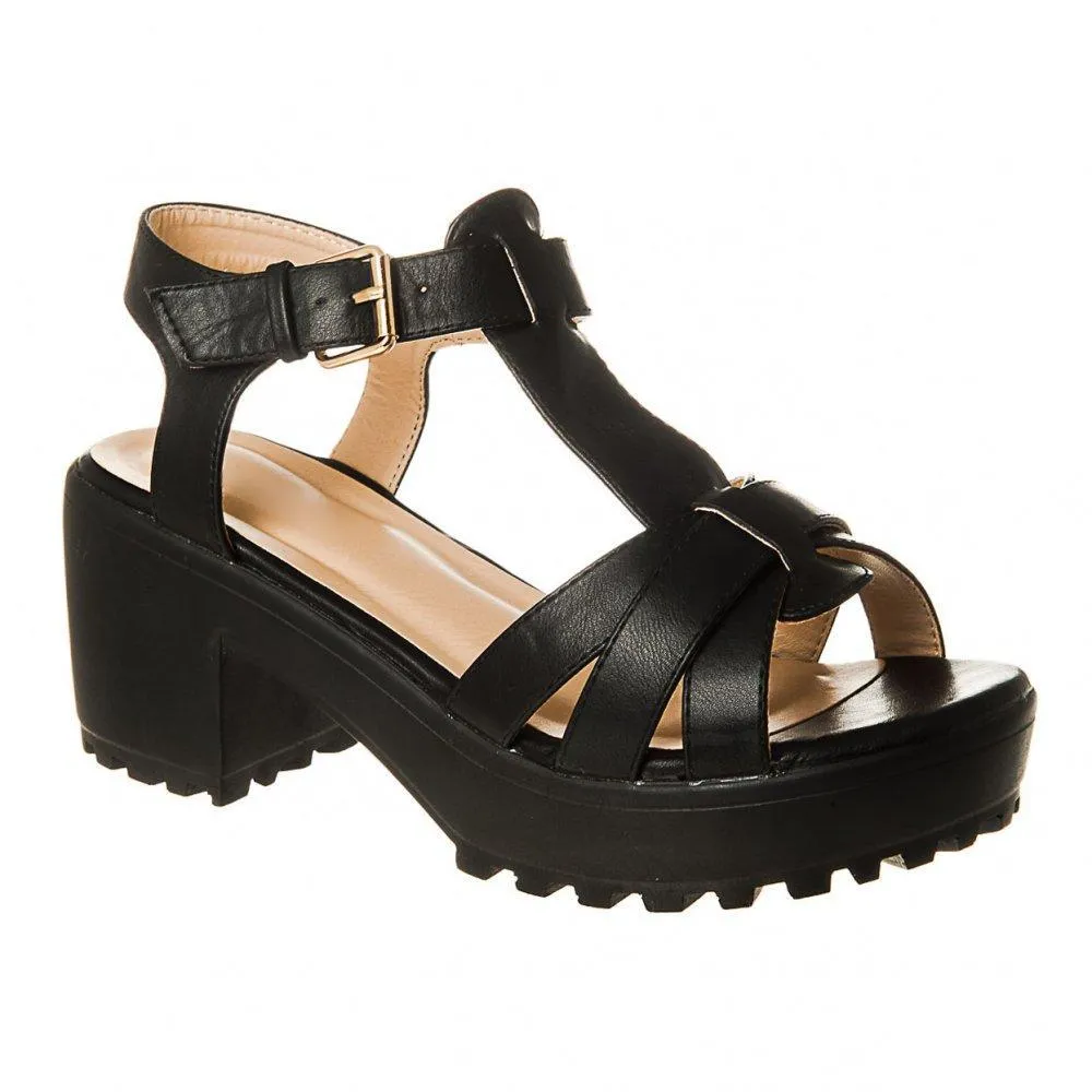 Chunky Ankle Strap Platform Cleated Sole T-Bar Sandal