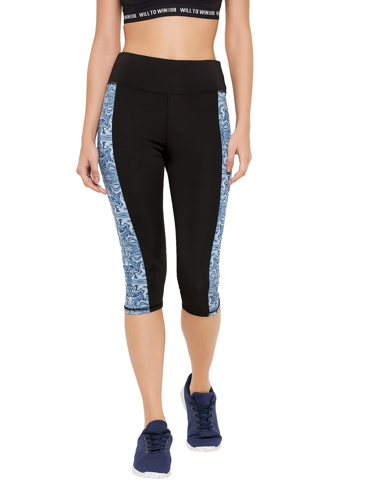 Clovia Women's Snug Fit High-Rise Active Capri with Marble Print Panels (AB0094A13_Black_M)