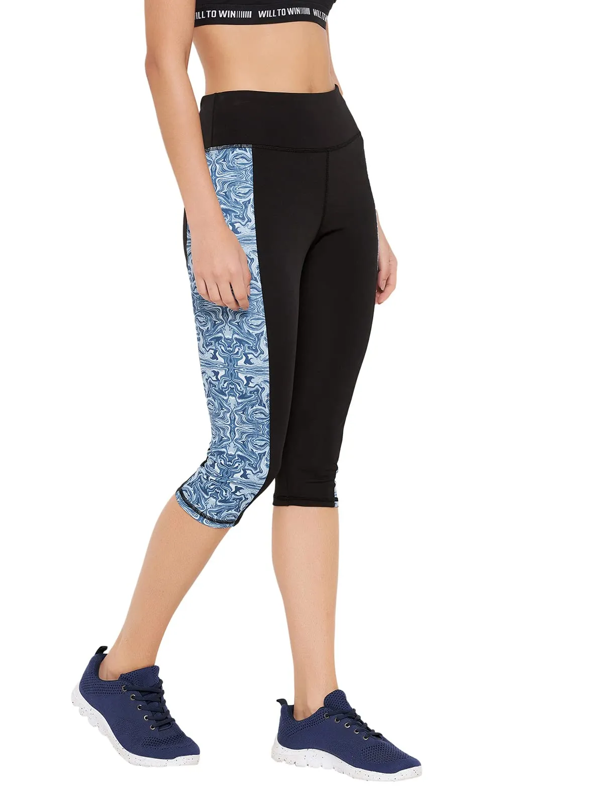 Clovia Women's Snug Fit High-Rise Active Capri with Marble Print Panels (AB0094A13_Black_M)