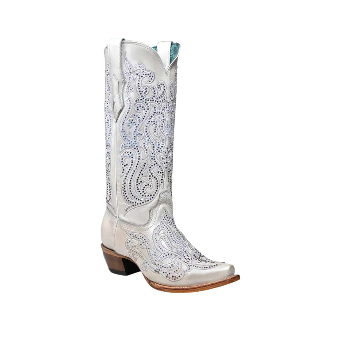 Corral Women's Overlay Embroidery And Crystals Snip Toe White Boots