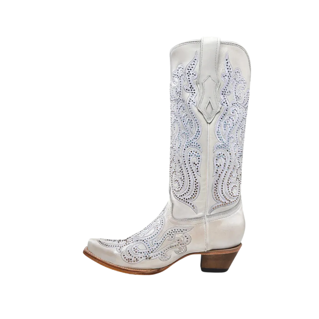 Corral Women's Overlay Embroidery And Crystals Snip Toe White Boots