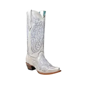 Corral Women's Overlay Embroidery And Crystals Snip Toe White Boots