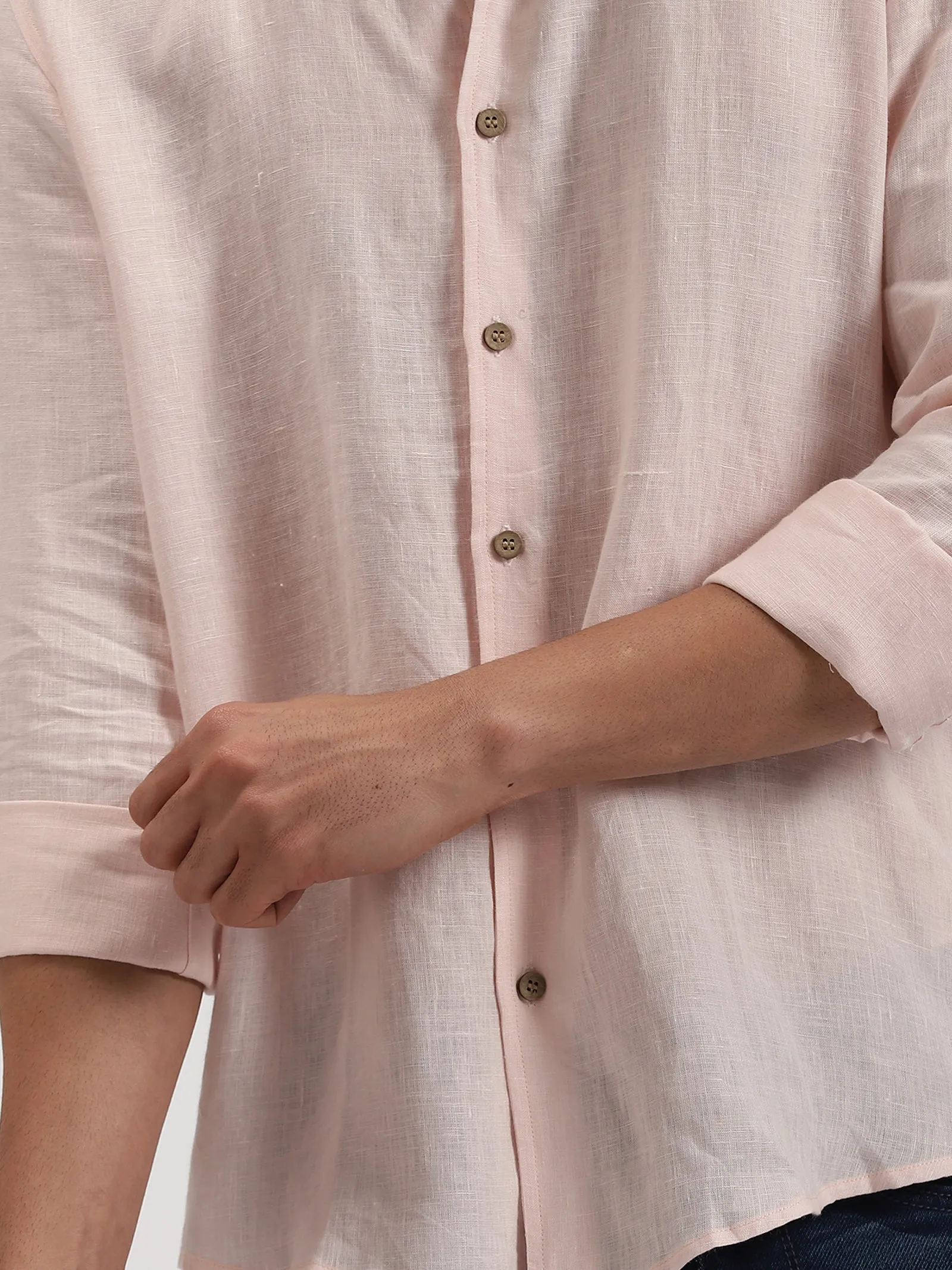 Craig - Pure Linen V Neck Full Sleeve Shirt - Light Pink (Factory Rescue)