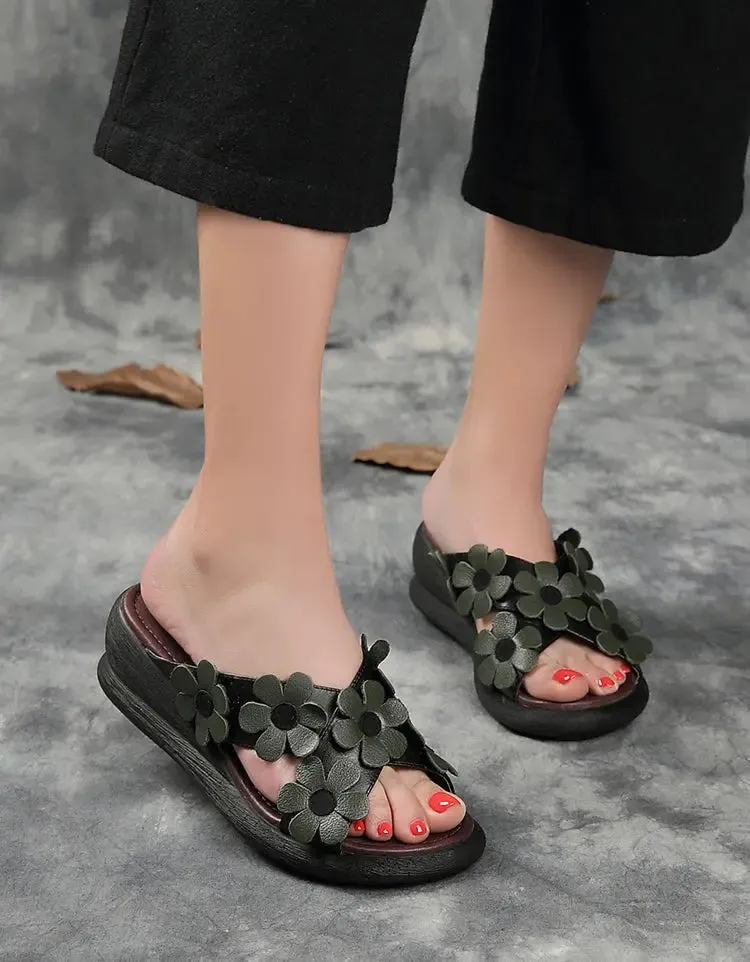 Cross Strap Flowers Wedge Slippers