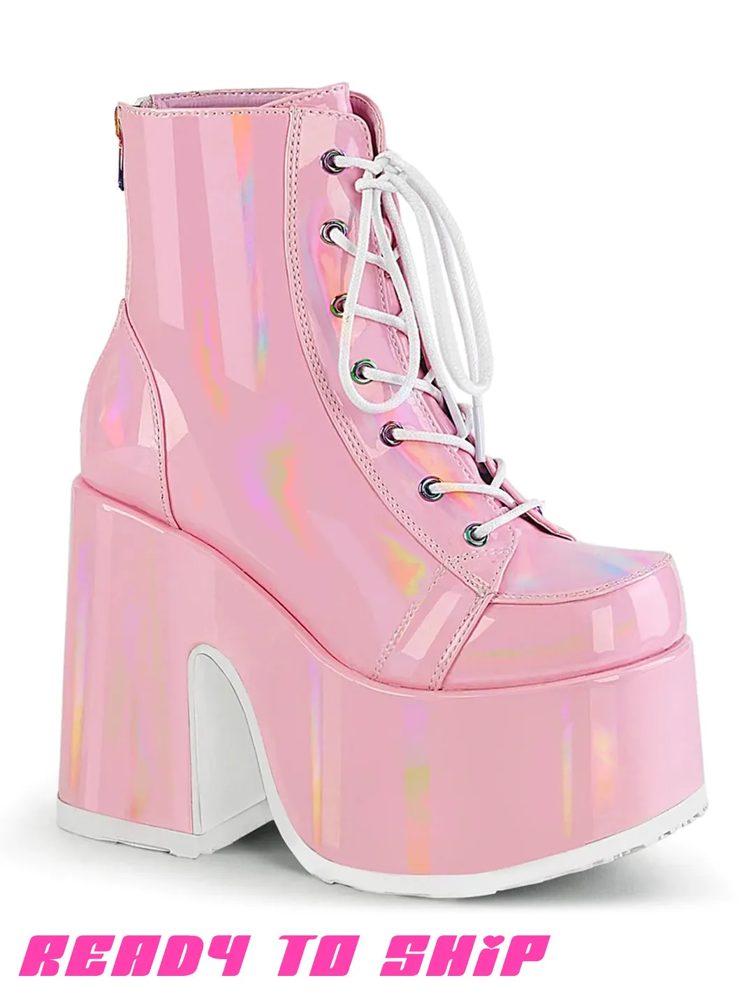 DEMONIA CAMEL 203 PLATFORM BOOTS - PATENT PINK