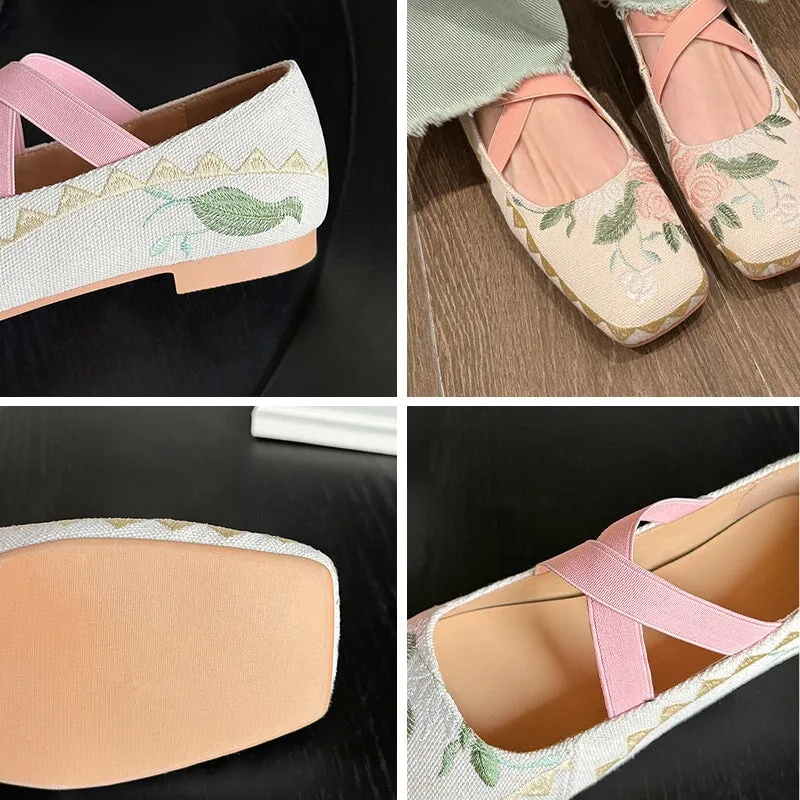 Embroidery Ballet Flats with Cross-Strap Square Toe in Black/Beige