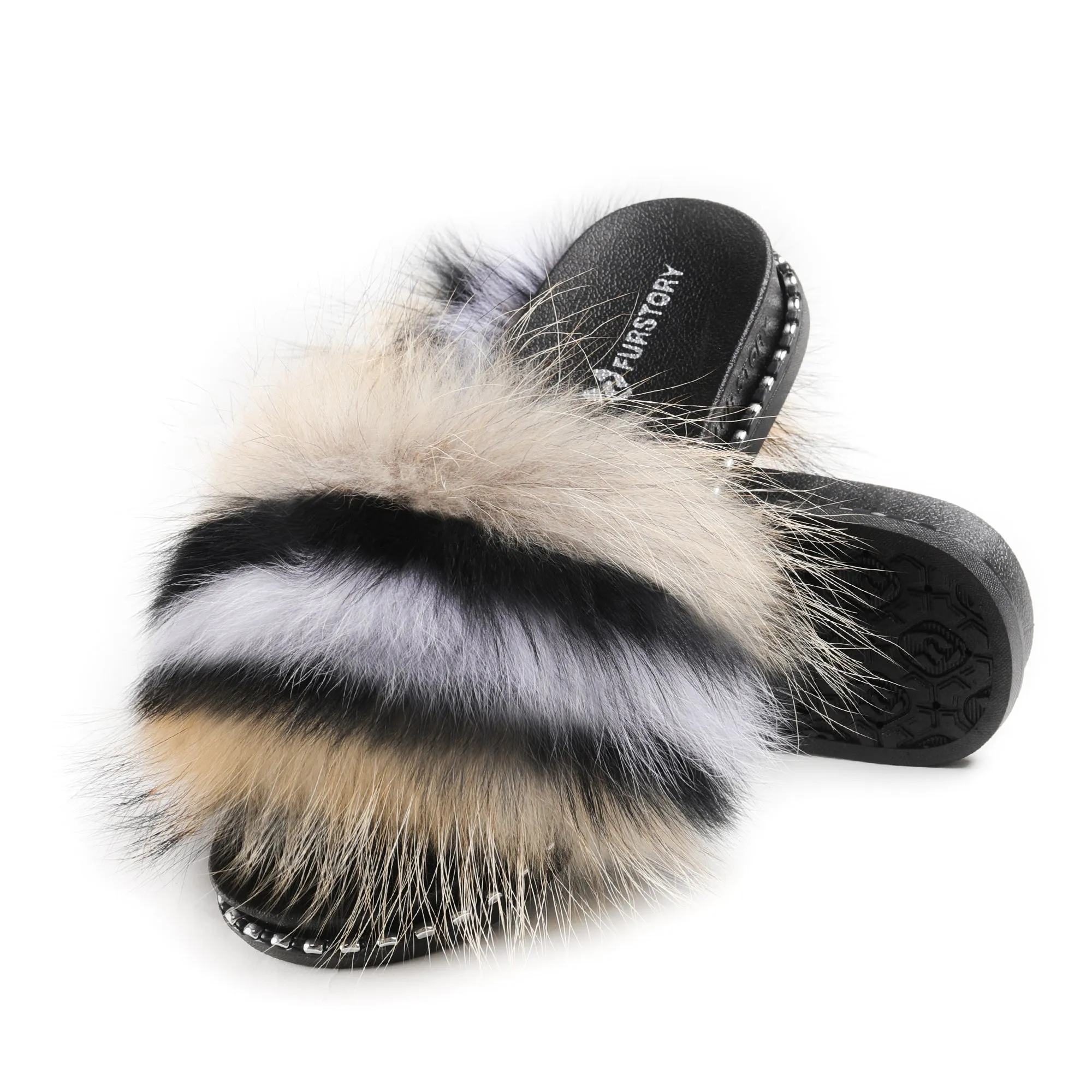 Fluffy Slides Furry Slide Sandals(Rivet-Multicolor)