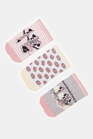 Girls Assorted Minnie Mouse Print Ankle Length Socks (3 Pairs)