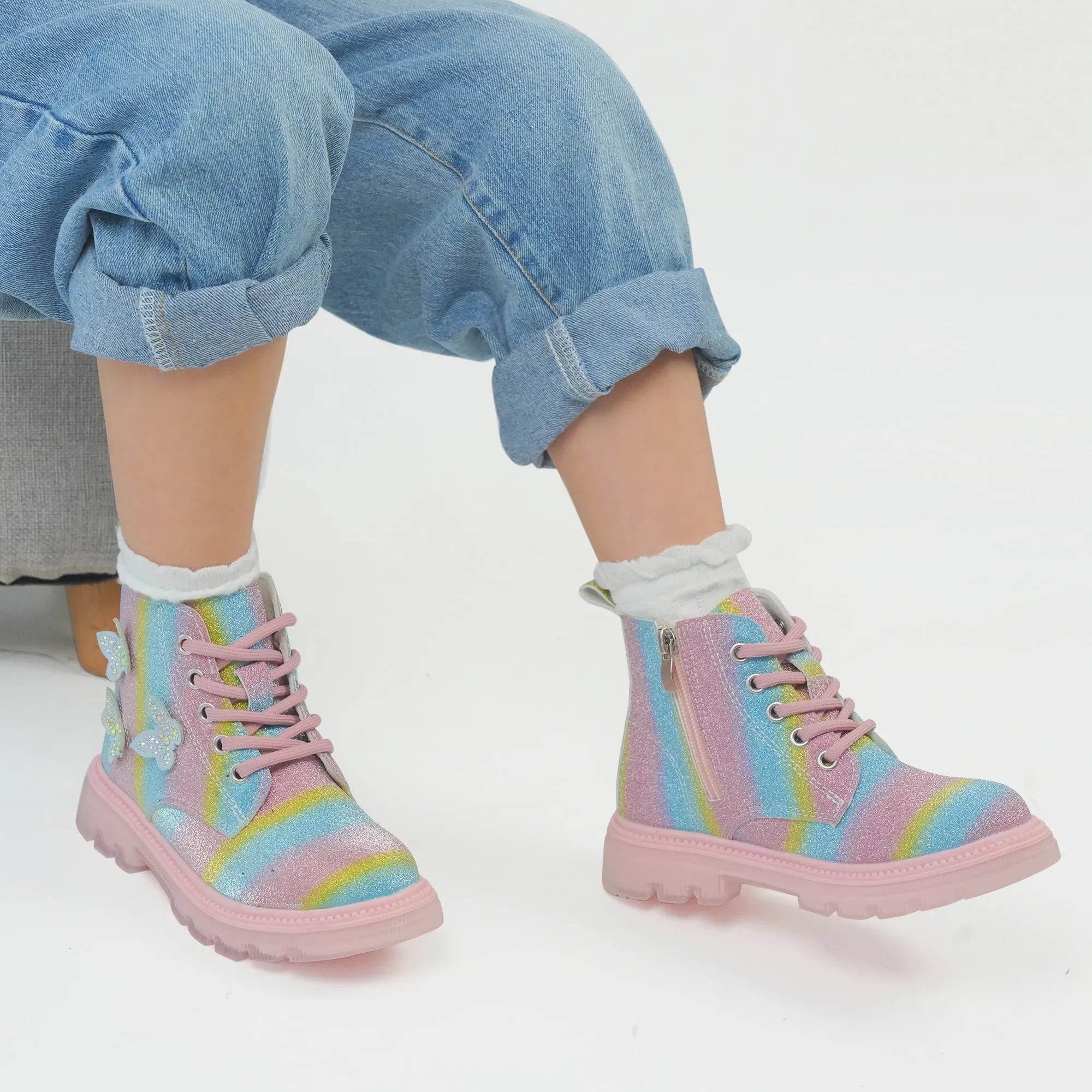 Girls Glittery Ankle Boots Kids Lace Up Combat Boots with Side Zipper