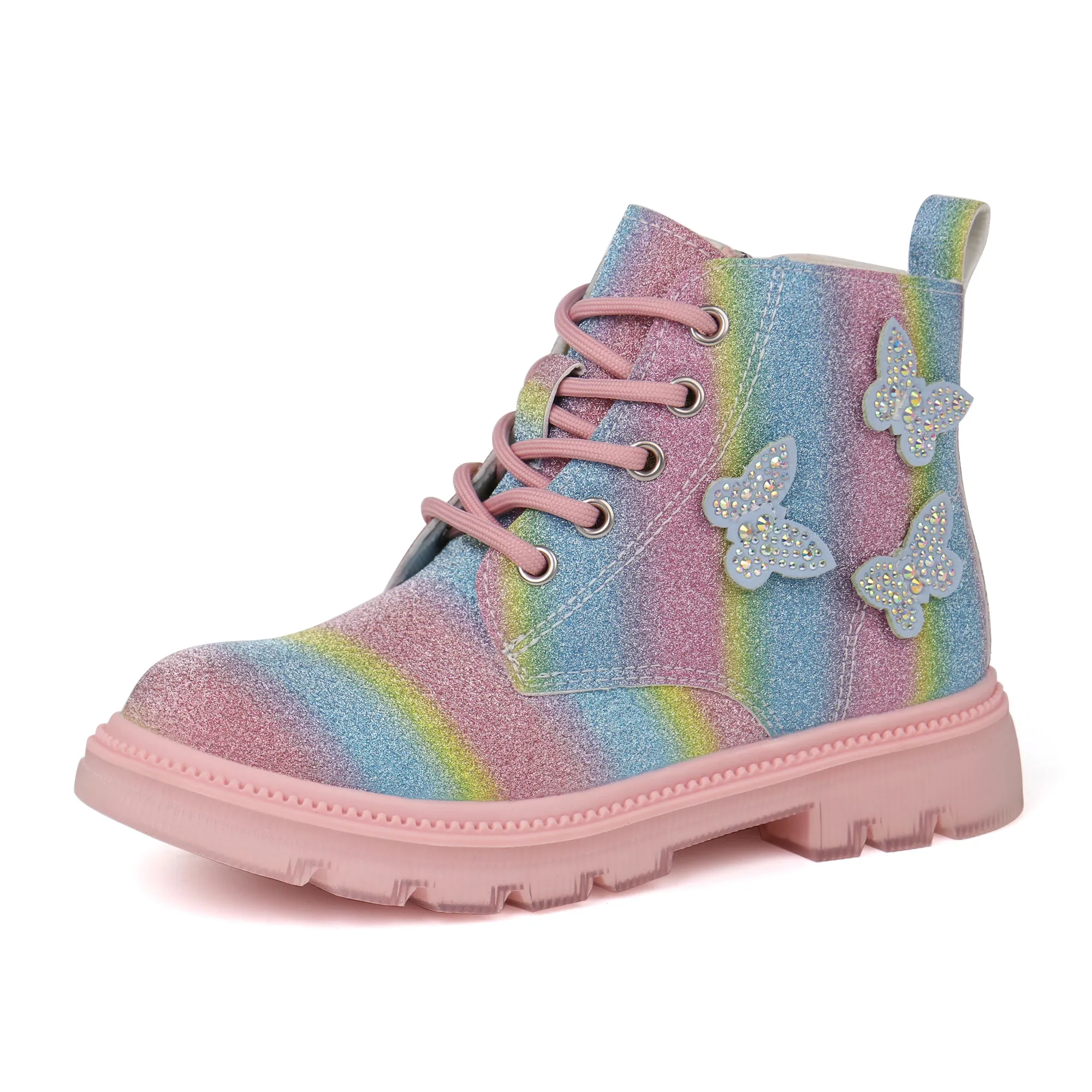 Girls Glittery Ankle Boots Kids Lace Up Combat Boots with Side Zipper