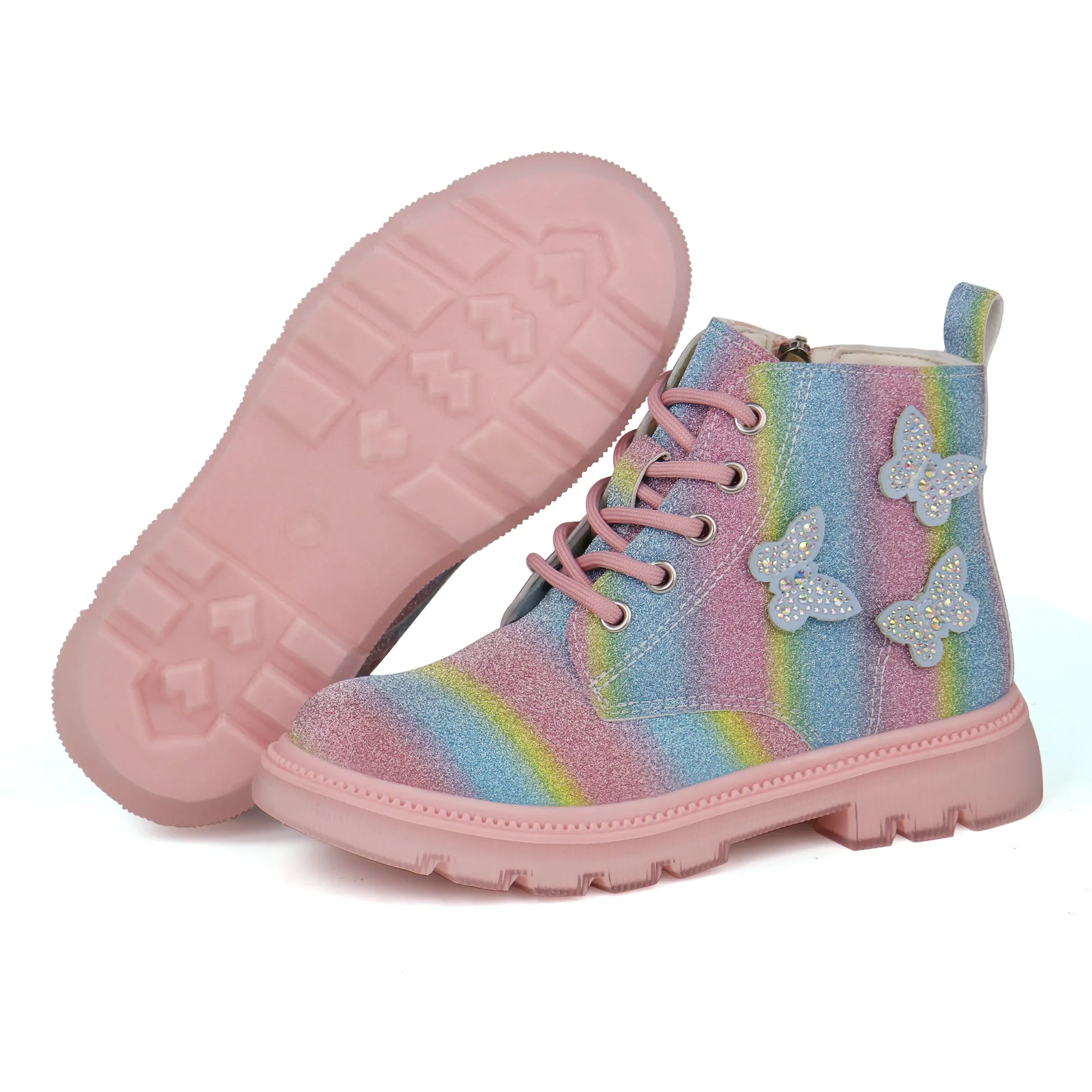 Girls Glittery Ankle Boots Kids Lace Up Combat Boots with Side Zipper