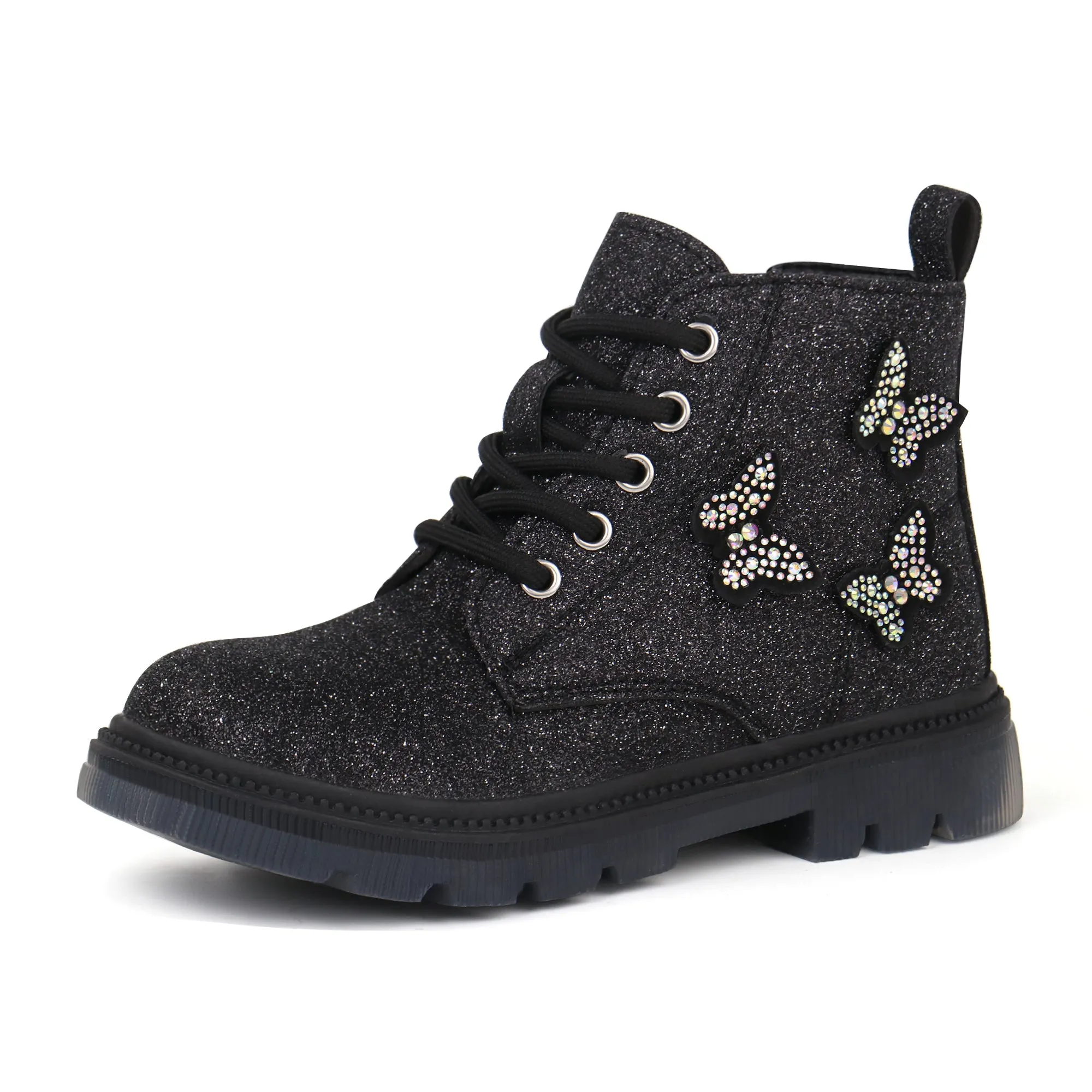 Girls Glittery Ankle Boots Kids Lace Up Combat Boots with Side Zipper