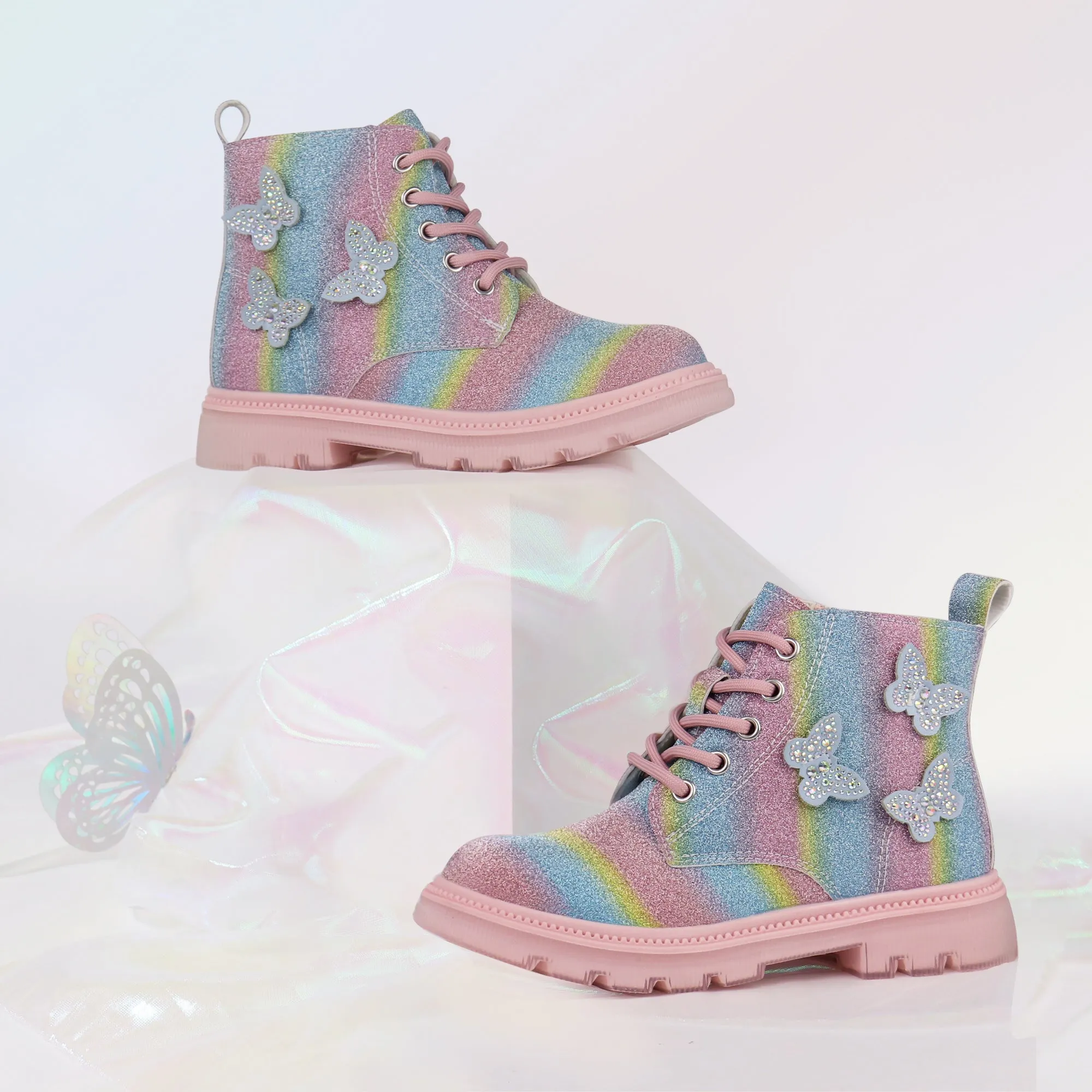 Girls Glittery Ankle Boots Kids Lace Up Combat Boots with Side Zipper