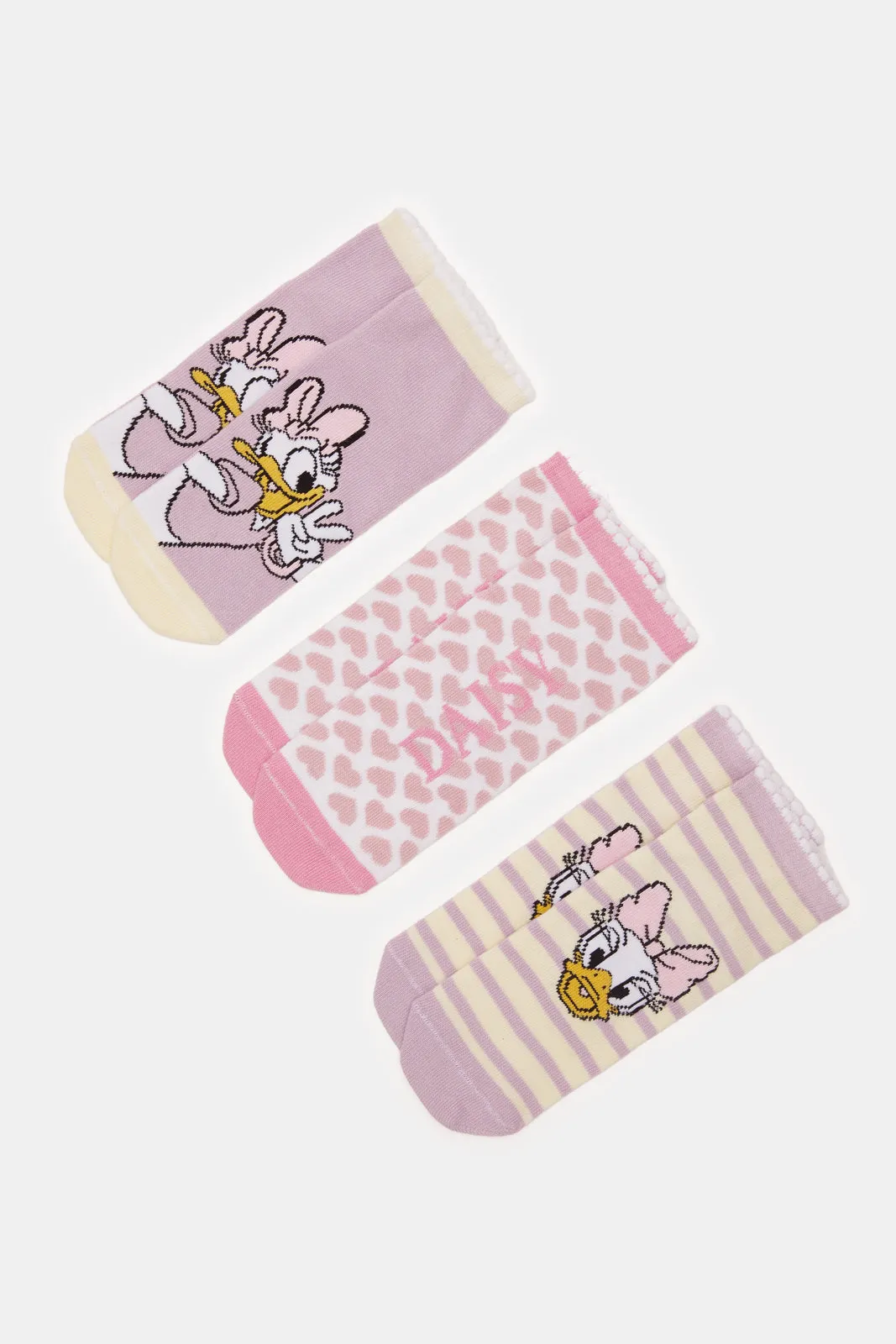 Girls Pink And Purple Daisy Print Ankle Length Socks (3 Pairs)