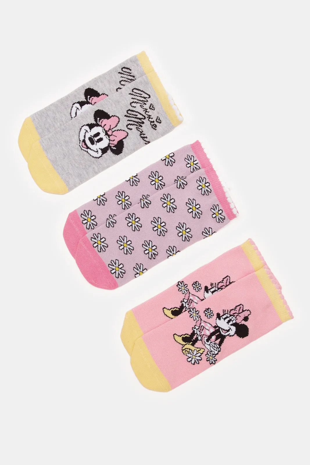 Girls Pink And Purple Minnie Mouse Print Ankle Length Socks (3 Pairs)