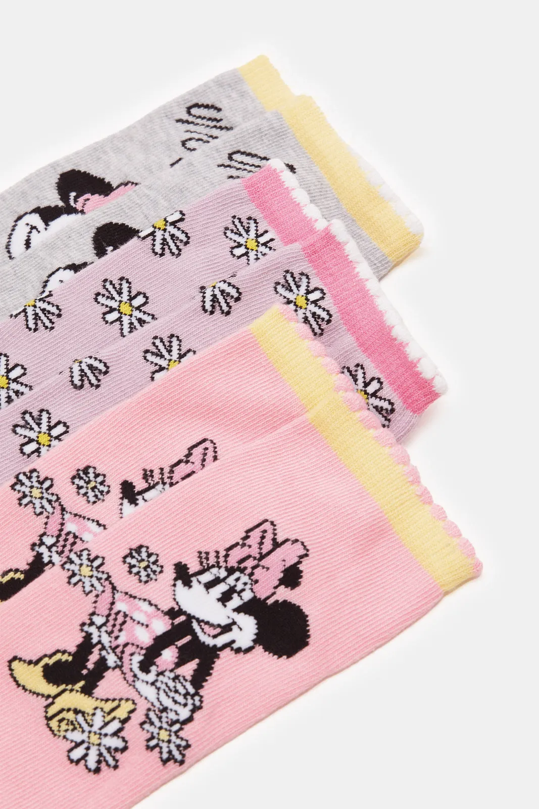 Girls Pink And Purple Minnie Mouse Print Ankle Length Socks (3 Pairs)