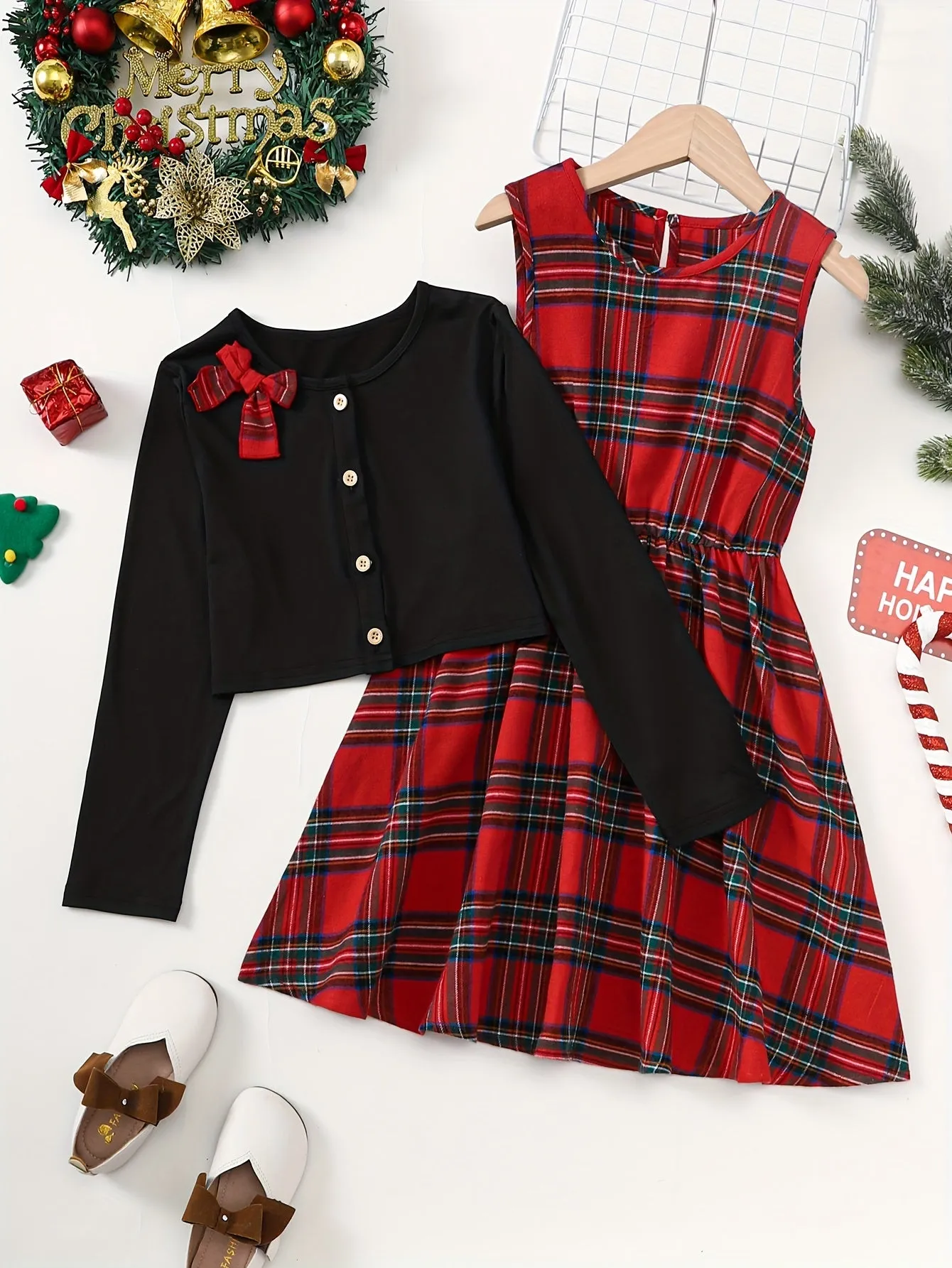 Girl's Plaid Pattern Elegant Outfit 2pcs, Bowknot Decor Cardigan & Sleeveless Dress Set, Kid's outdoor Clothes For Spring Autumn Christmas