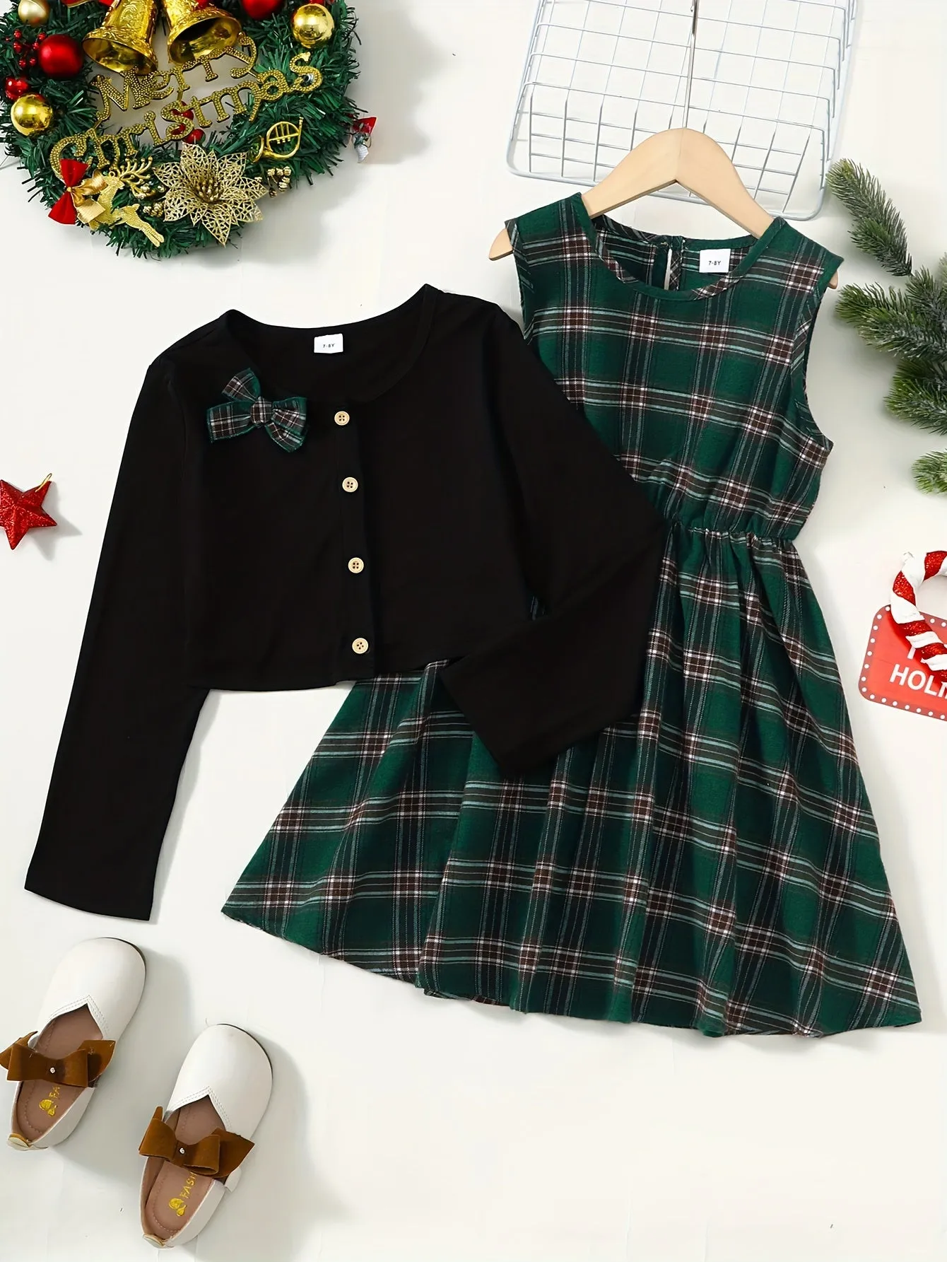 Girl's Plaid Pattern Elegant Outfit 2pcs, Bowknot Decor Cardigan & Sleeveless Dress Set, Kid's outdoor Clothes For Spring Autumn Christmas