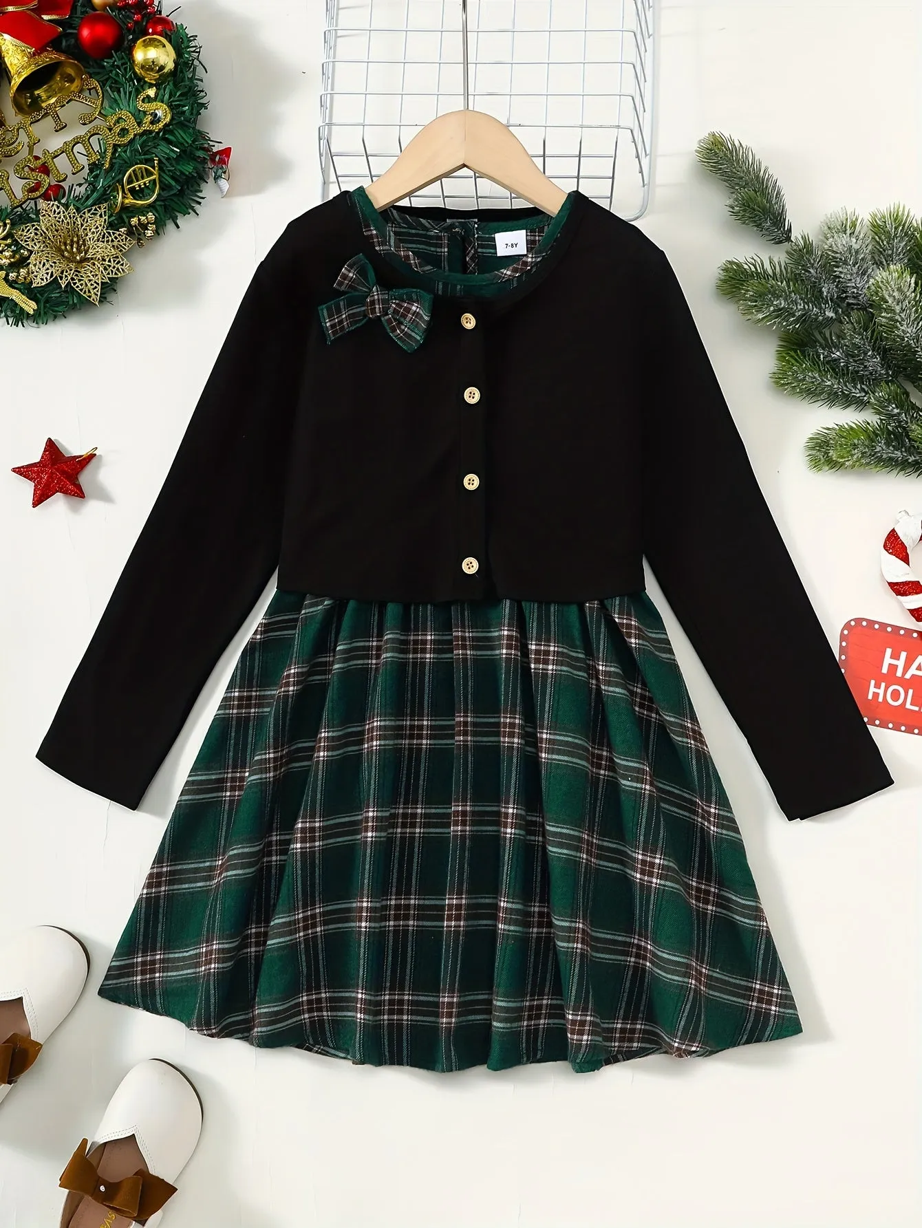 Girl's Plaid Pattern Elegant Outfit 2pcs, Bowknot Decor Cardigan & Sleeveless Dress Set, Kid's outdoor Clothes For Spring Autumn Christmas