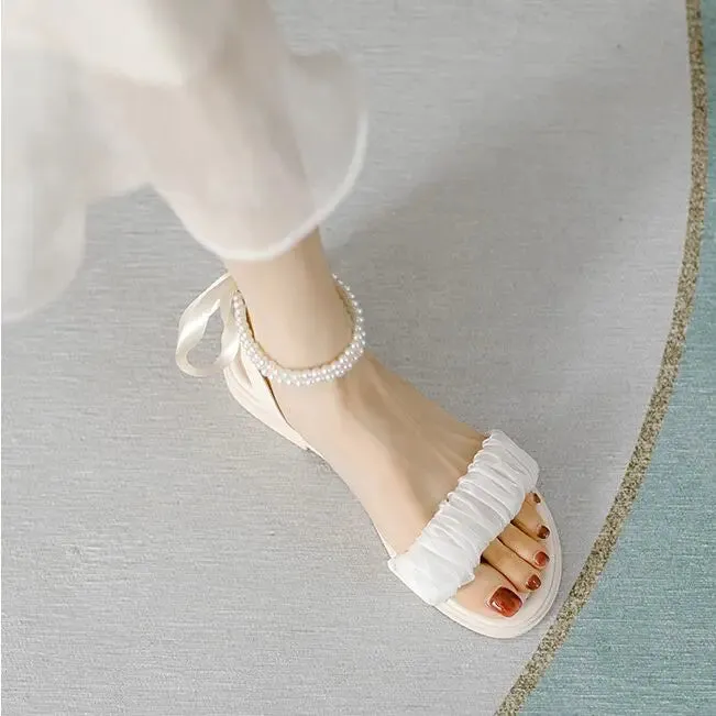 Girls summer pearls sandals 2023new Korean version children's student beading princess beach shoes 5 6 7 8 9 10 11 12 Years old