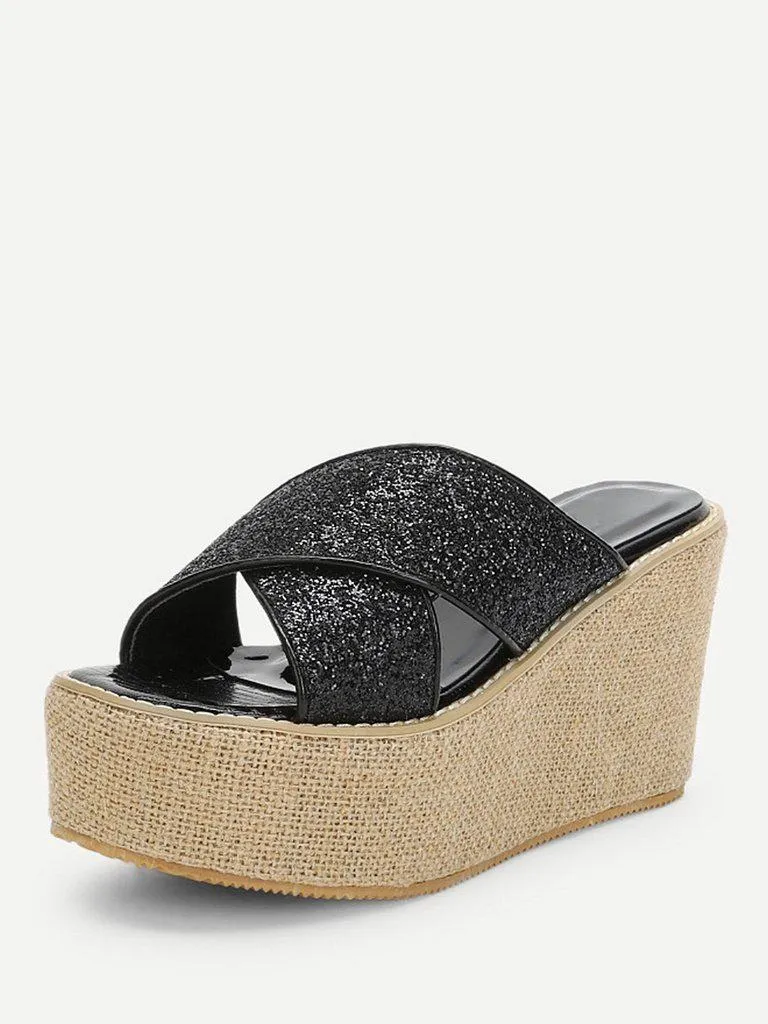 Glitter Criss Cross Design Wedge Sandals