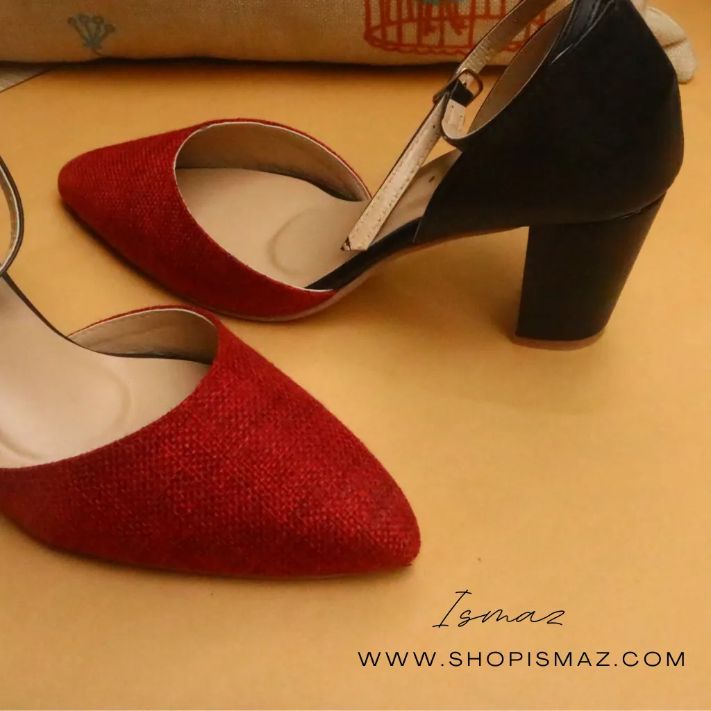 Grey | Red Jute Block Heel Court shoes