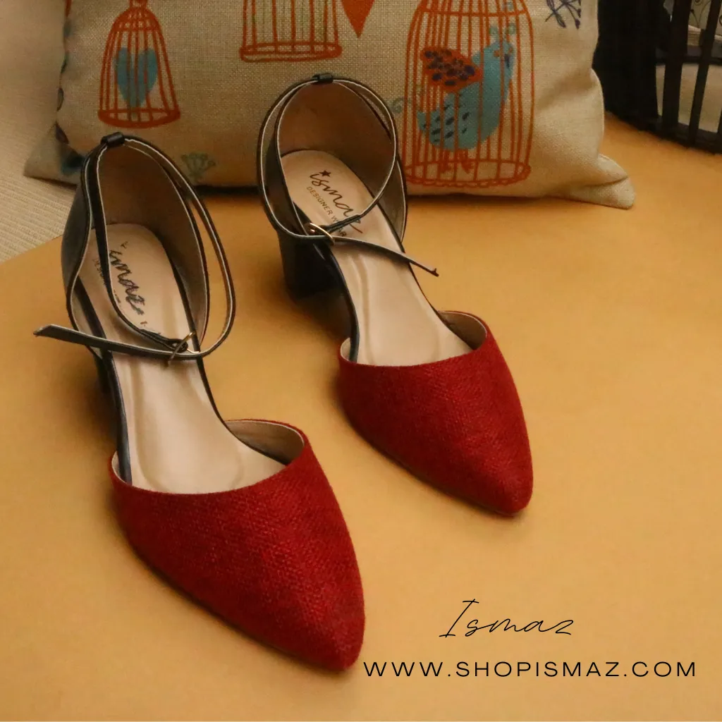 Grey | Red Jute Block Heel Court shoes