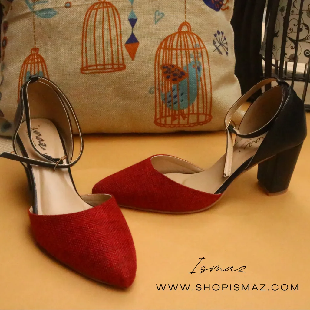 Grey | Red Jute Block Heel Court shoes