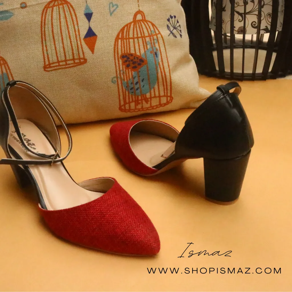 Grey | Red Jute Block Heel Court shoes