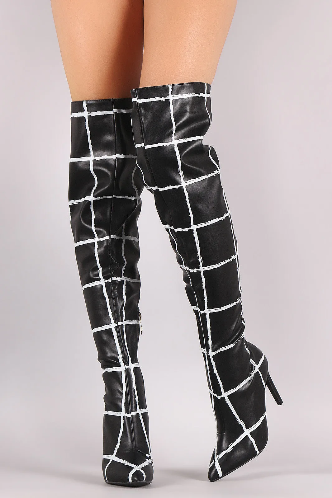 Grid Pattern Pointy Toe Stiletto Over-The-Knee Boots